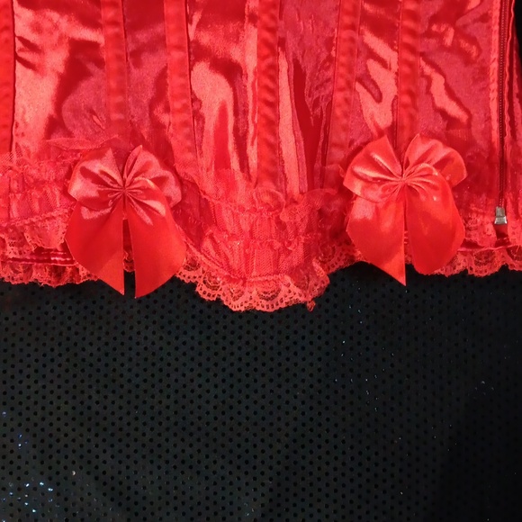 Lace Ruffled Very Red Satin Corset With Bows, Lace Up Back & Side Zipper (M) - Picture 3 of 16
